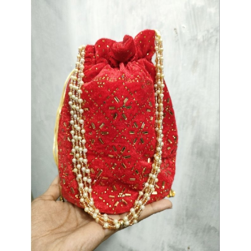 Tas Serut Bludru / Baldu Full Batu Manik Gold Tas Pesta Elegant Tali 4 Layer Mutiara Gold Manik / Ta