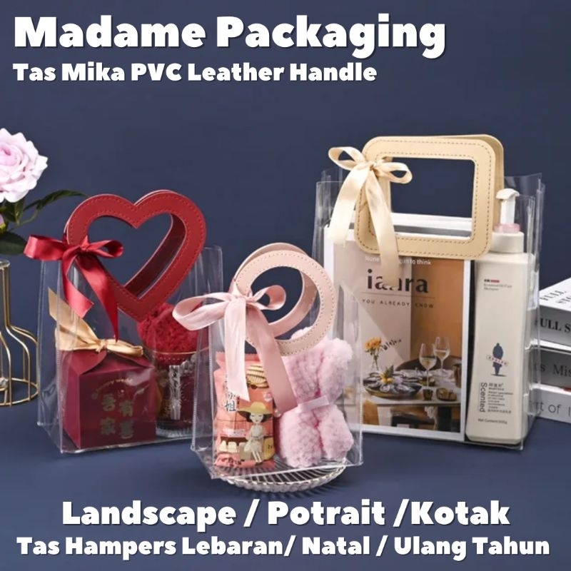 

Tas Mika PVC Transparan Bening Gagang Kulit Uk 23x23x25 / Tas Souvenir Goodie Bag Lebaran Natal Imlek Ulang Tahun Premium