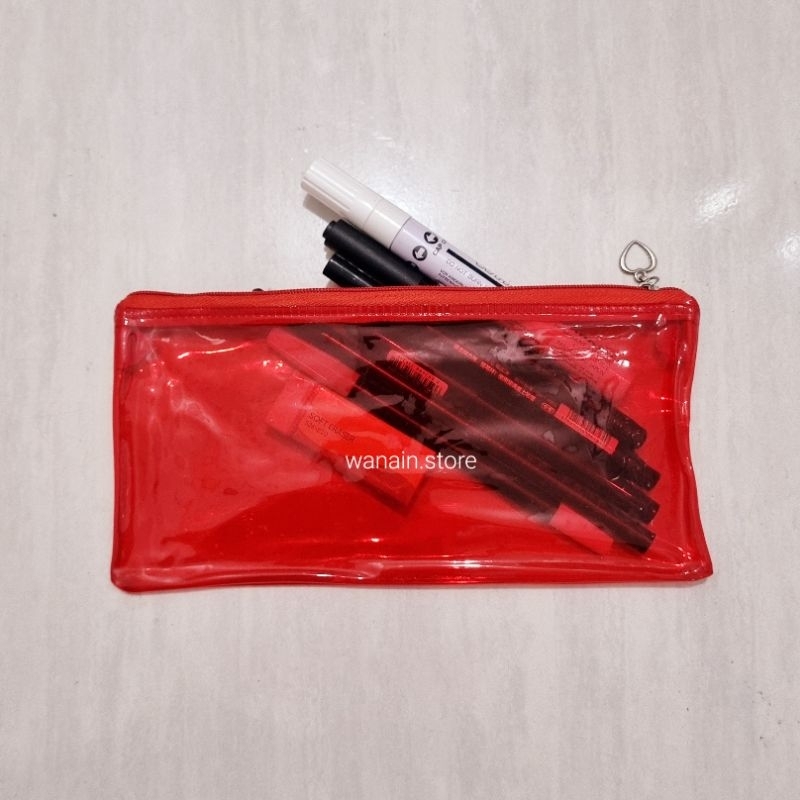 

Pouch tempat pensil transparant merah resleting