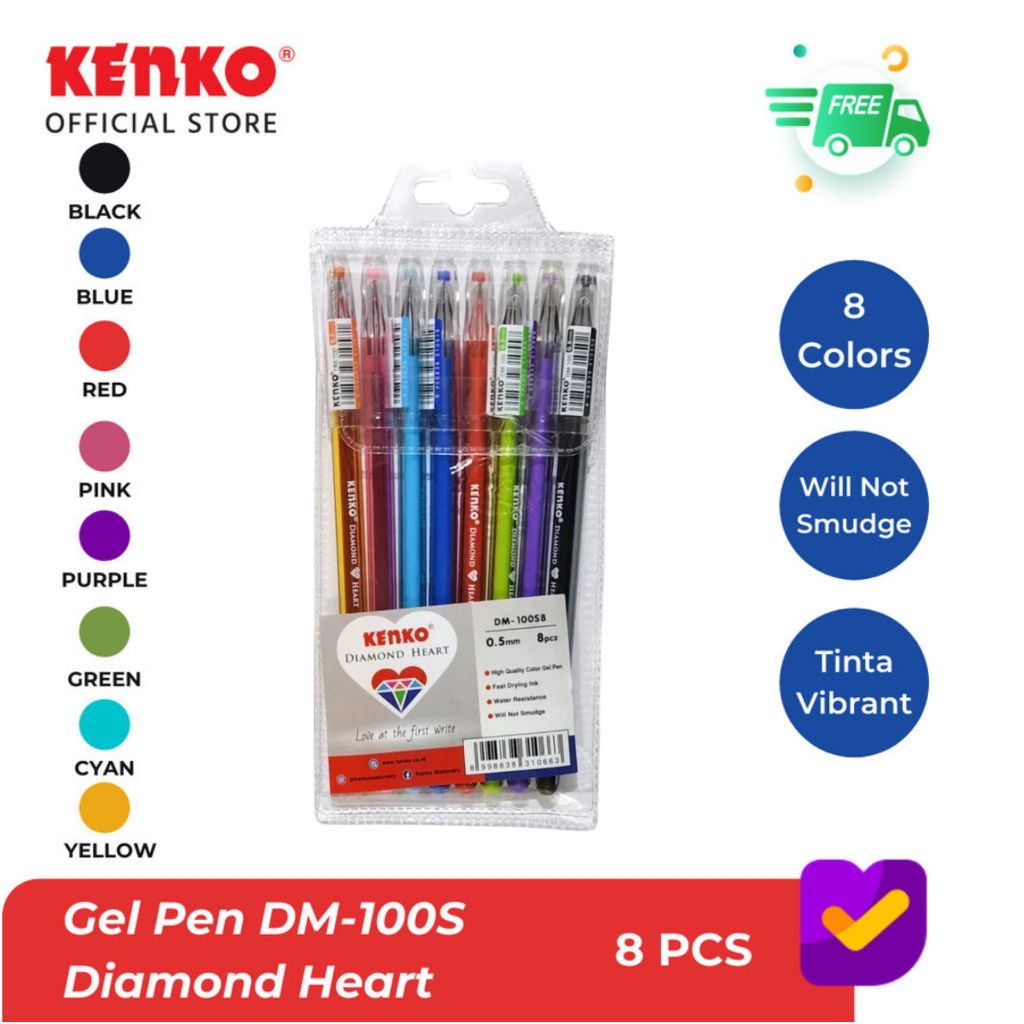 

PULPEN KENKO GEL PEN DM-100S8 Diamond Heart Mix 8 Colors (One Card)