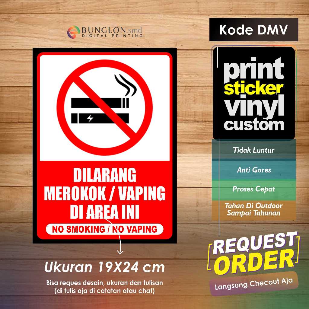 

STIKER DILARANG MEROKOK ATAU VAPING DI AREA INI + LAMINASI KODE DMV MERAH