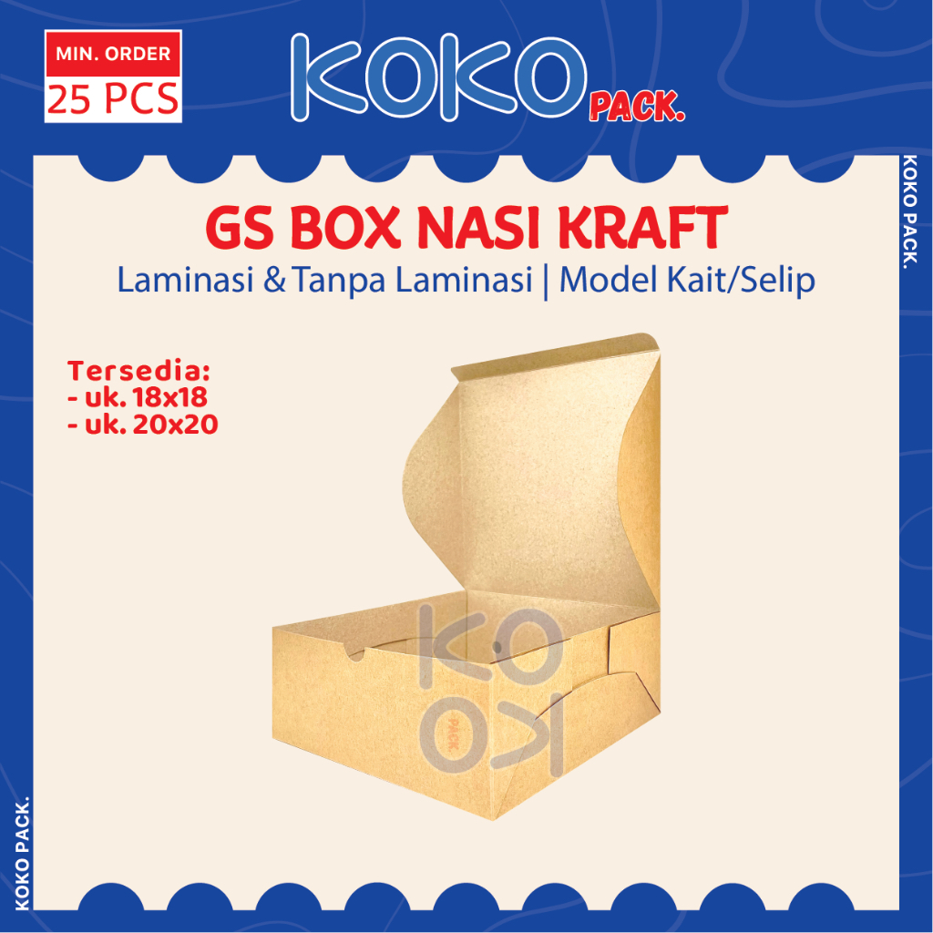 

GS Box Nasi Kraft uk. 18x18 , 20x20 Laminasi & Tanpa Laminasi - Kotak Catering Dus Makanan Coklat