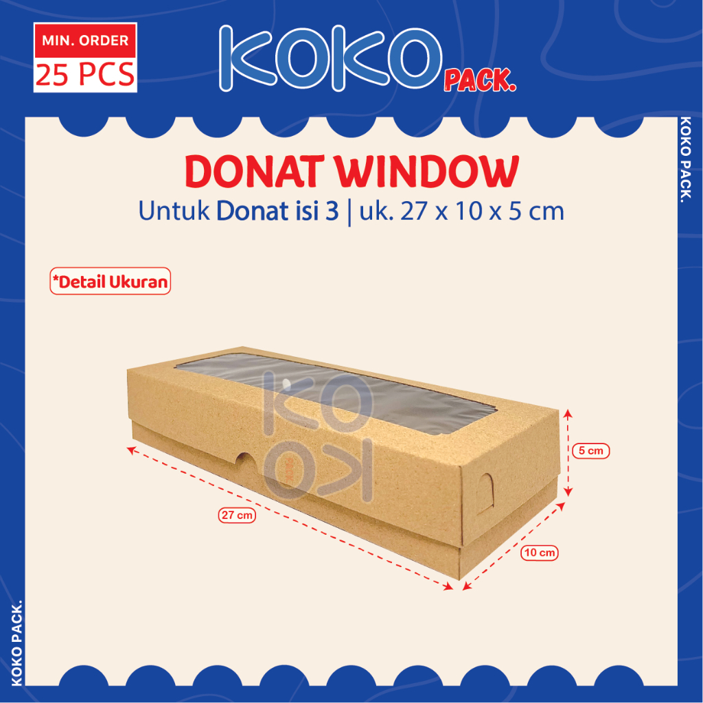 

Box Donat Window isi 3 uk. 27x10x5 cm Tebal 310gr -> 350gr Laminasi Dalam Bahan Kraft Coklat | Dus Snack Donut Kotak Kue Mika Jendela
