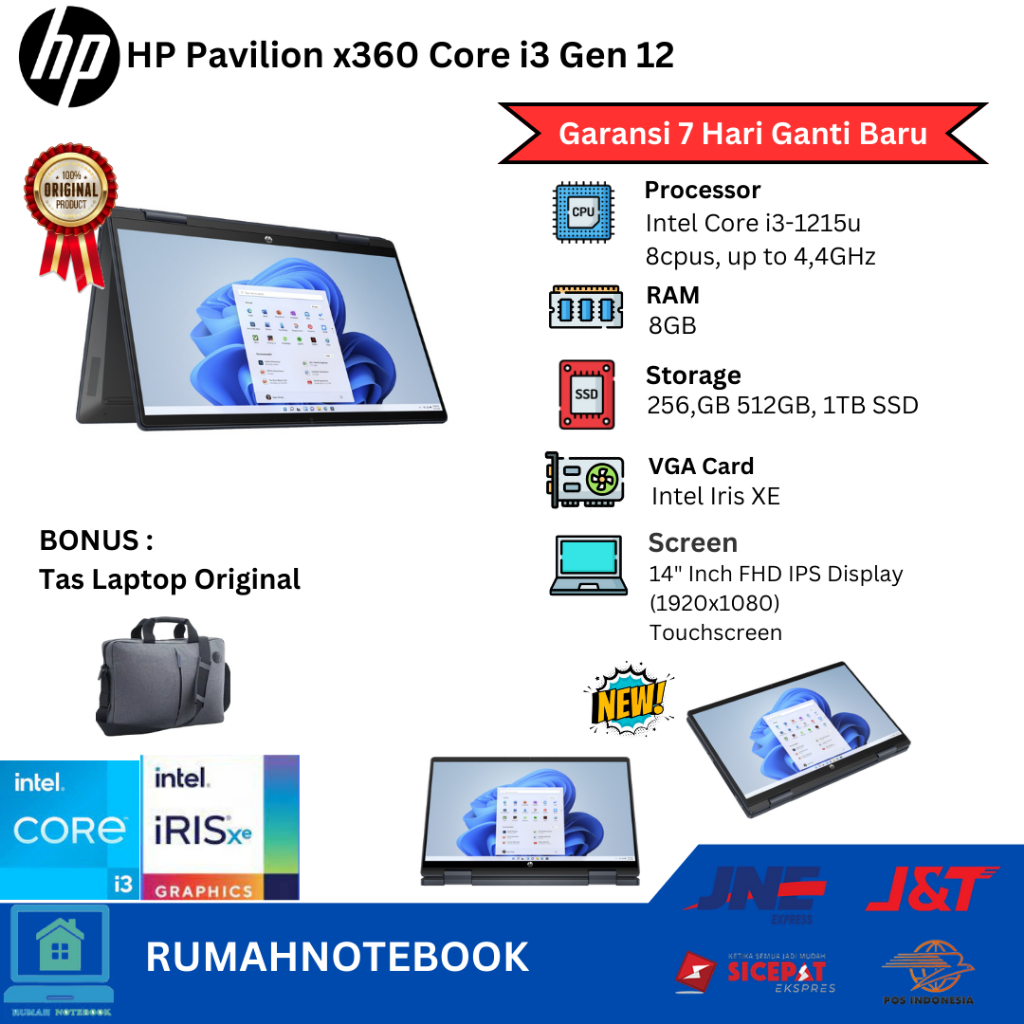 Laptop Baru Hp Pavilion x360 14 Core i3 1215u up to 4,4Ghz 12 Cpu Touchscreen bisa di lipat