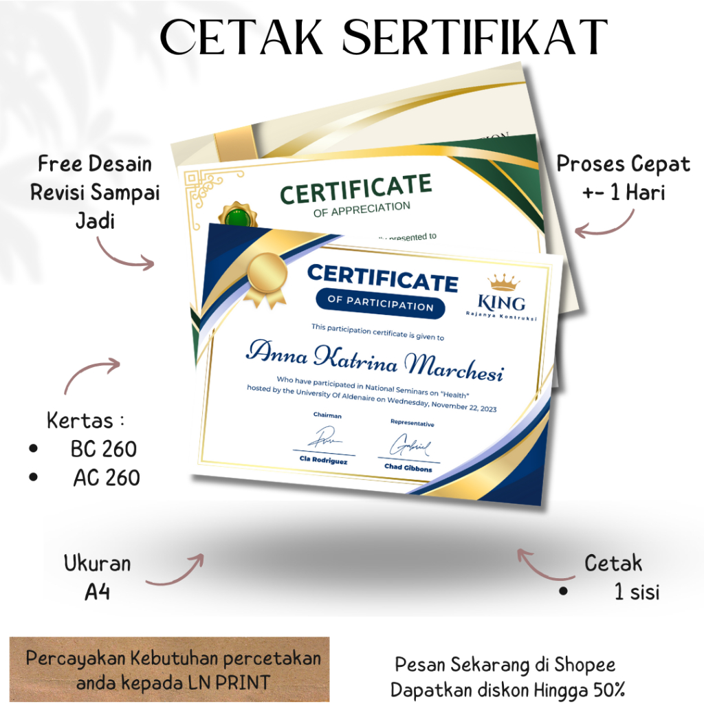 

Cetak Piagam /SERTIFIKAT COSTUME / certificate Free Desain