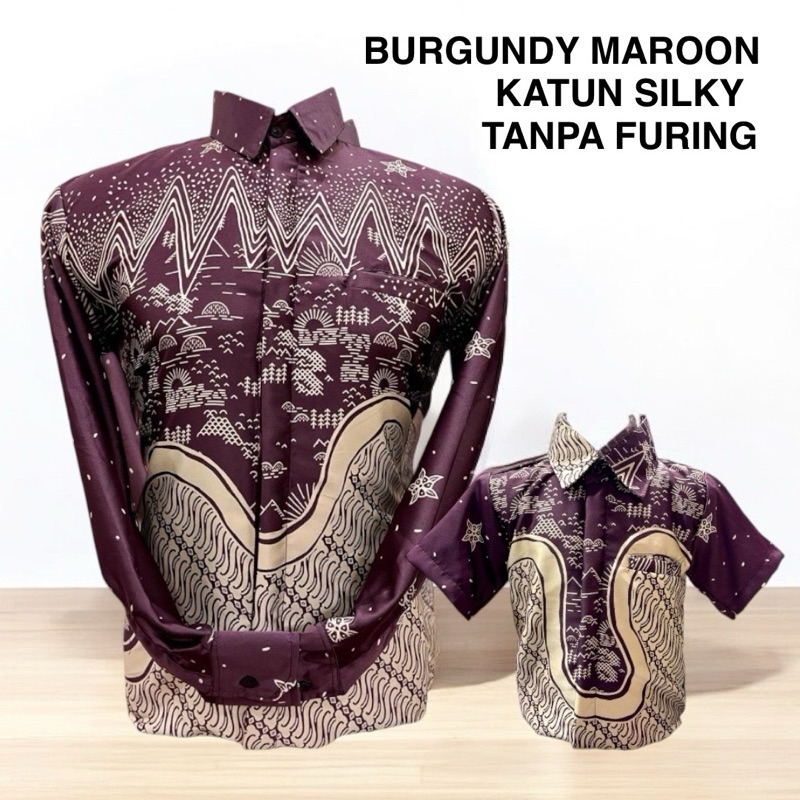 BURGUNDY  KATUN SILKY,Kemeja Batik Couple ayah dan anak TANPA FURING bahan Katun Silky premium anak 