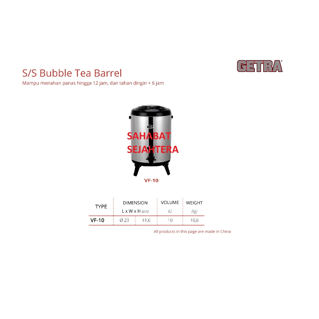 GETRA Stainless Steel Bubble Tea Barrel VF-10 Termos 10 Liter