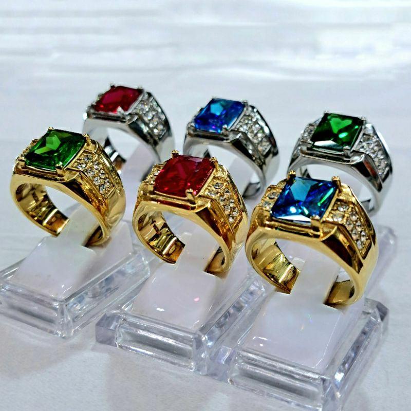 Cincin Pria Ring Titanium Super Anti Karat Tidak Luntur Batu Natural Kating Topas Warna Kuning dan S