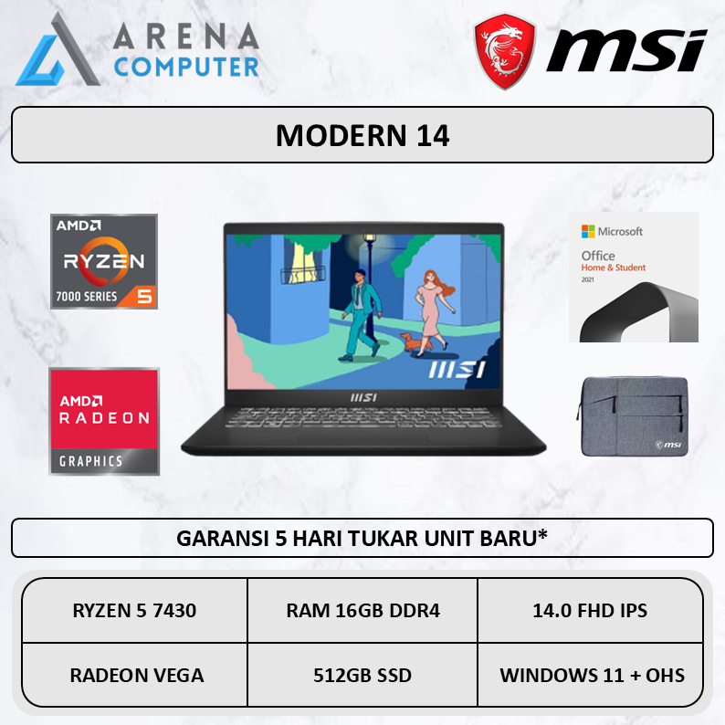 MSI Modern 14 Ryzen 5 7430 16GB 512GB W11 OHS 14.0 FHD IPS