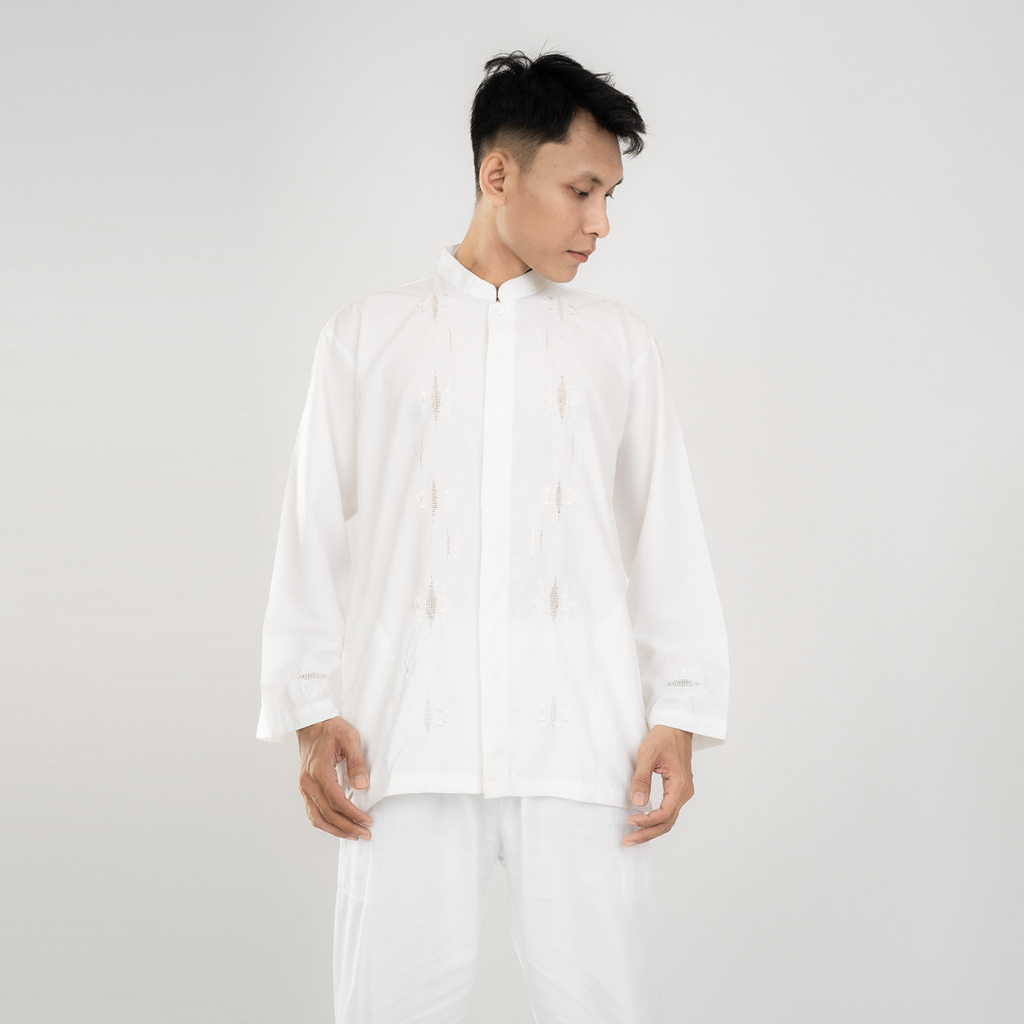BASMALA - Baju Koko Padang Kerah Sanghai Bordir Halus Lengan Panjang Varian Putih & Broken White