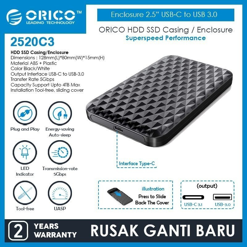 Casing Hardisk External ORICO 2520C3 2.5 SATA USB Type-C HDD