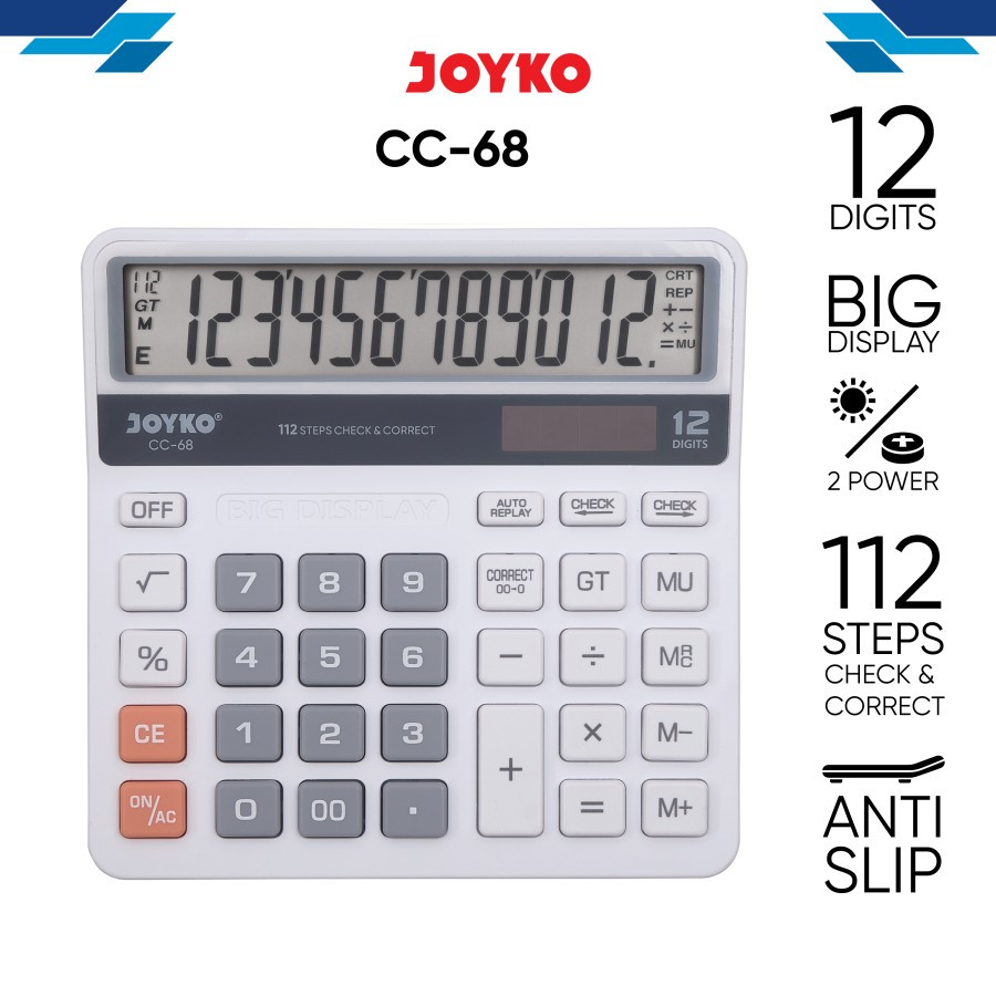 

CALCULATOR JOYKO CC-68 | KALKULATOR 12 DIGITS | CHECK CORRECT | DUAL POWER | 112 STEP WARNA PUTIH