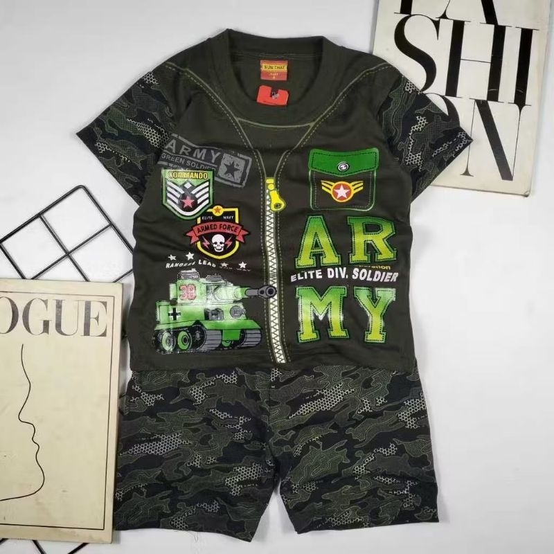 setelan baju anak2 laki2 motif army lengan pendek 1-10thn