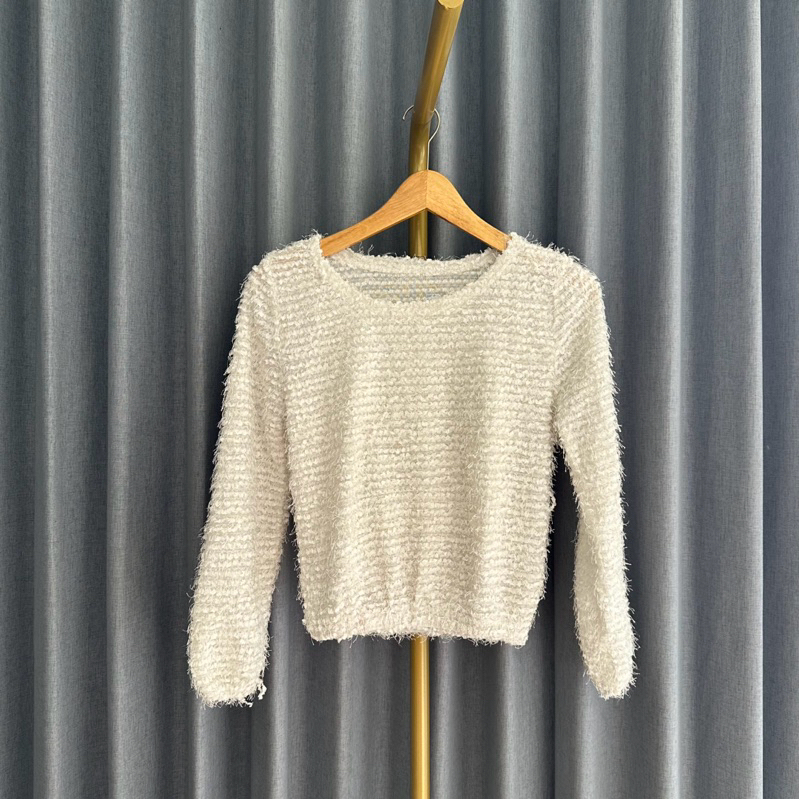 𝙋𝙍𝙀𝙇𝙊𝙑𝙀𝘿 White Fur Leather Crop Sweater Outer Bulu Rajut Long Sleeve Top Fashion Wanita