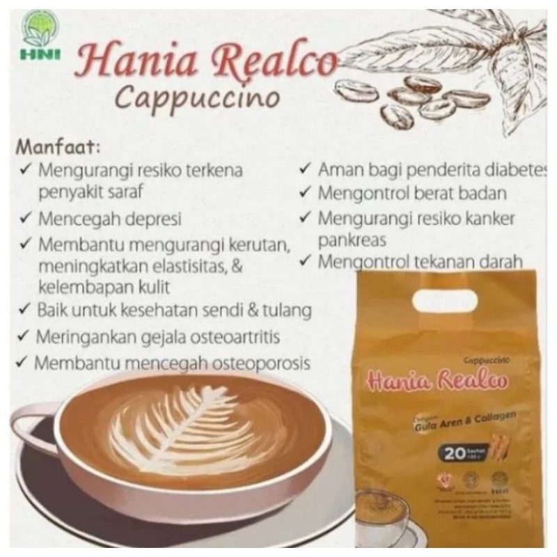 

Realco CappuccinoMinuman serbuk kopi dengan gula aren dan kolagen, rasa cappuccino.Rp 130.000Kode : 110/30Isi : 20 sachet x 22 grMANFAAT KANDUNGAN :Gula ArenBunga gula aren memiliki banyak manfaat untuk kesehatan