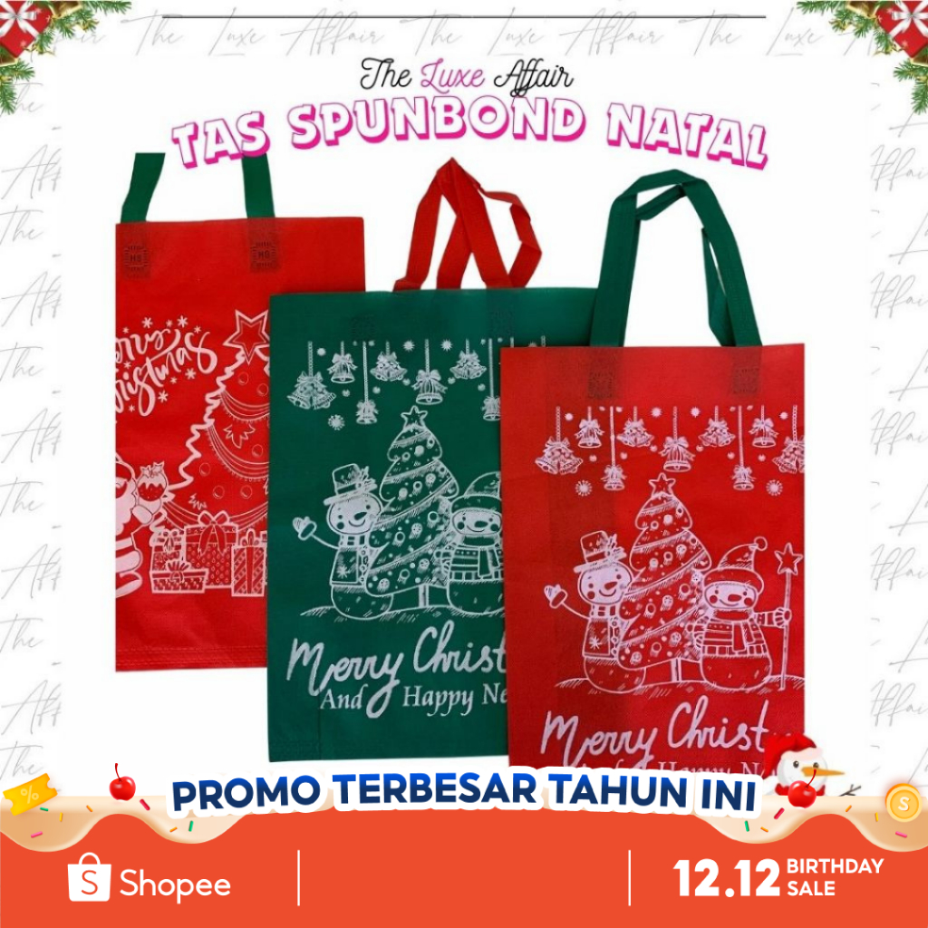 

12pcs Tas Spunbond Natal Ukuran 40x30 Besar Goodie Bag Motif Natal Tas Hampers Natal Bag Hamper Edisi Natal Tilisan Merry Christma And Happy New Year