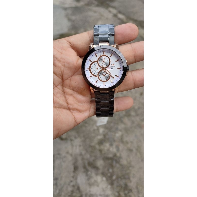jam tangan pria mirete black rose gold stainless  ada tanggal dan hari jam sporty pria