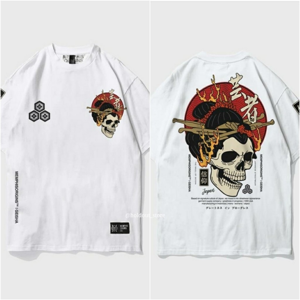 Kaos Distro Memphis Origins Hitam & Putih Geisha Skull Japanese Culture Hype Hype Beast Lengan Pende