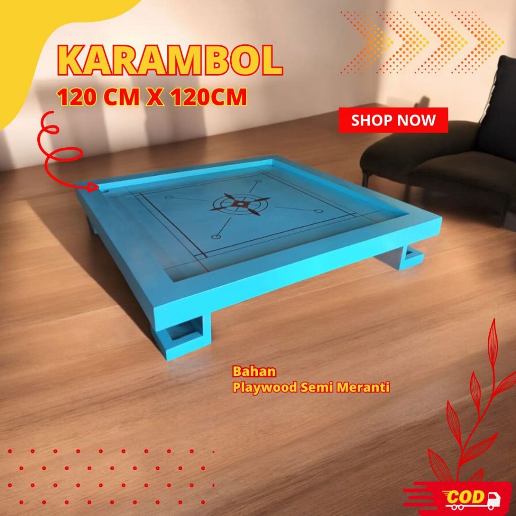 Meja Karambol Besar Kayu Premium 1 Set Lengka ukuran 120x120 Warna Biru - PL120.3