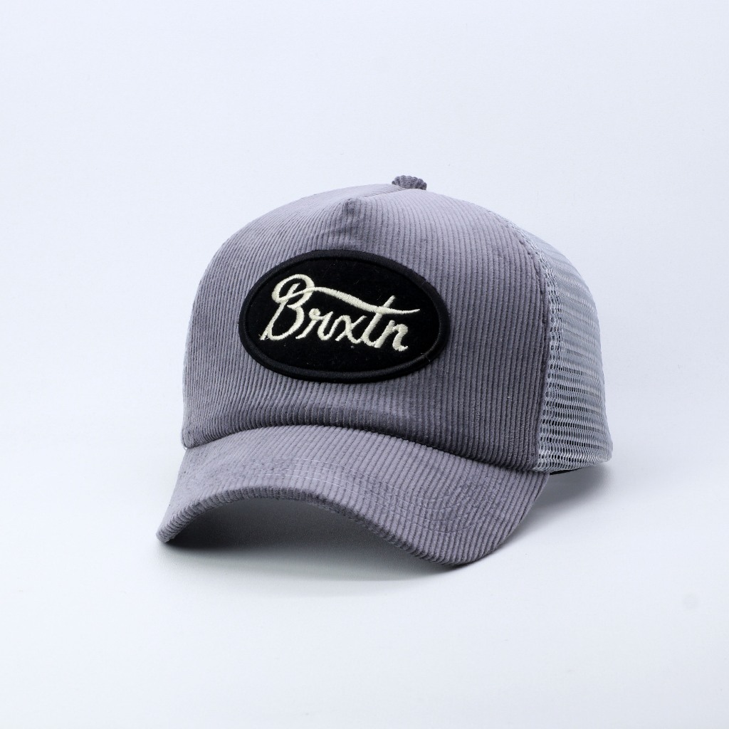 TOPI JARING TRUCKER HAT LIDAH PENDEK BAHAN CORDUROY WARNA ABU VISOR PENDEK BRXTN