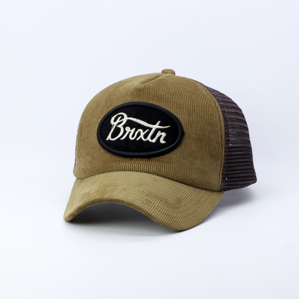 TOPI JARING TRUCKER HAT LIDAH PENDEK BAHAN CORDUROY WARNA DARK BROWN VISOR PENDEK BRXTN