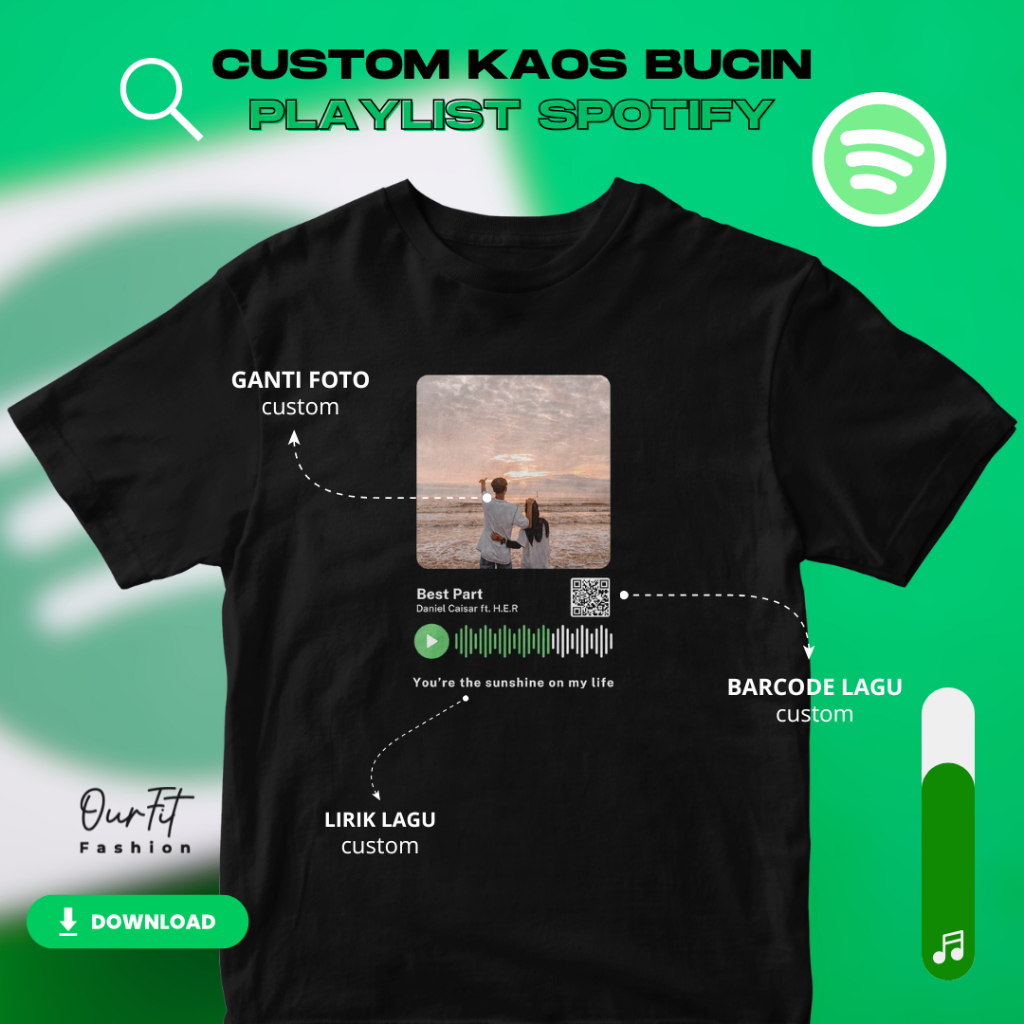 Kaos Sablon Custom Spotify Bisa Ganti Foto Lirik Lagu & Scan Barcode