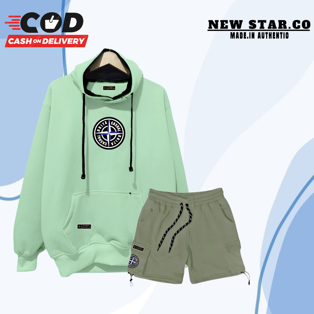 Setelan Sweater Hoodie Celana Pedek Cargo Pria Wanita Terbary Ori Oversize-Unisex Warna Hijau Mint M
