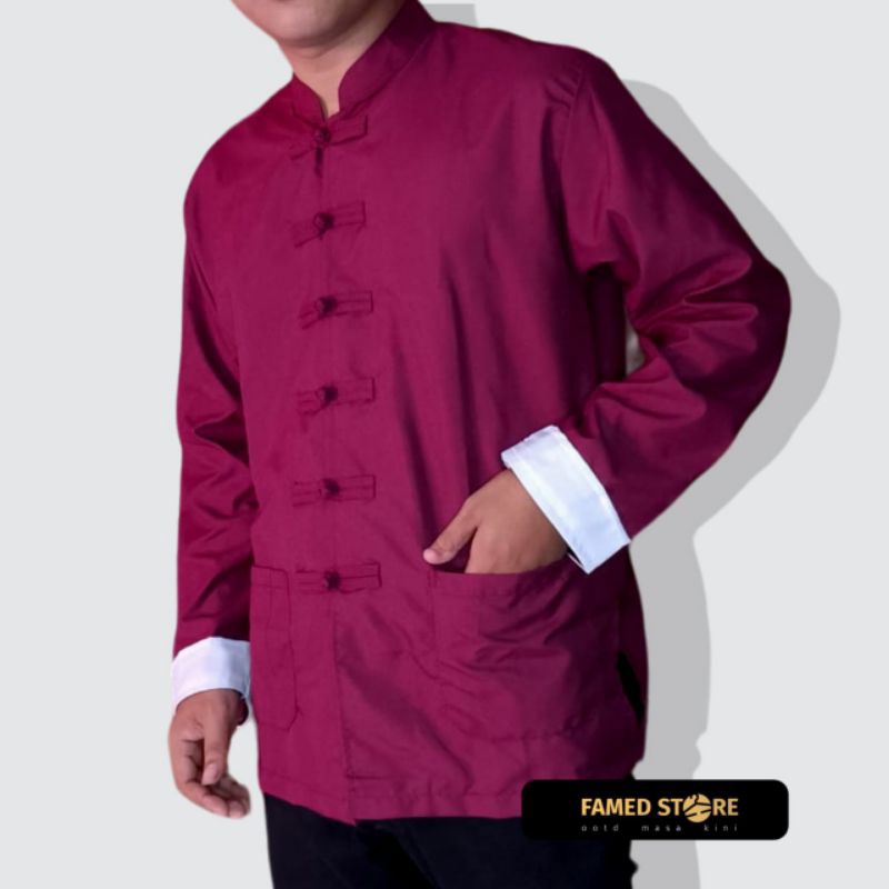 Kemeja Cheongsam Lengan Panjang, Baju imlek / IP MAN  Merah Maroon lengan panjang