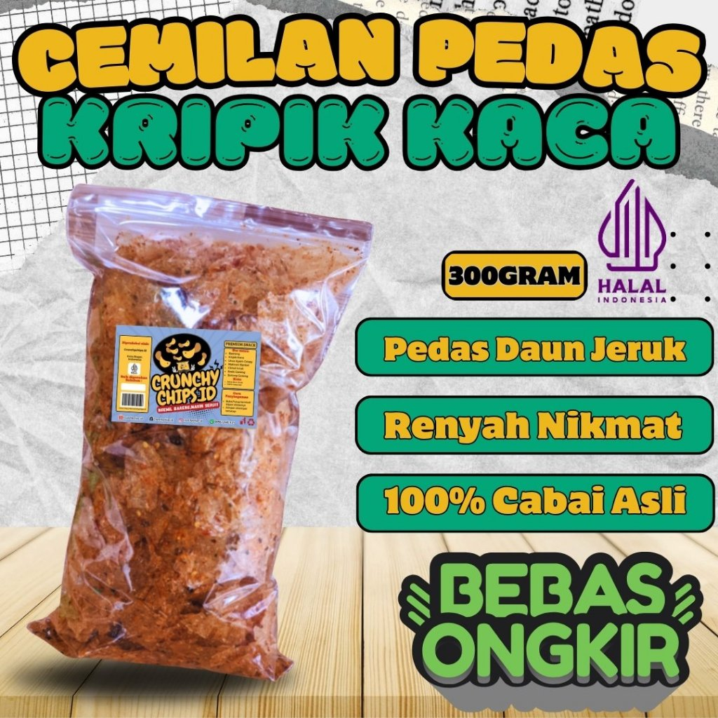 

Cemilan Kripca Keripik Kaca Kiloan Bumbu Cikruh Rempah Ekstra Pedas Daun Jeruk Renyah Kemasan 300grm