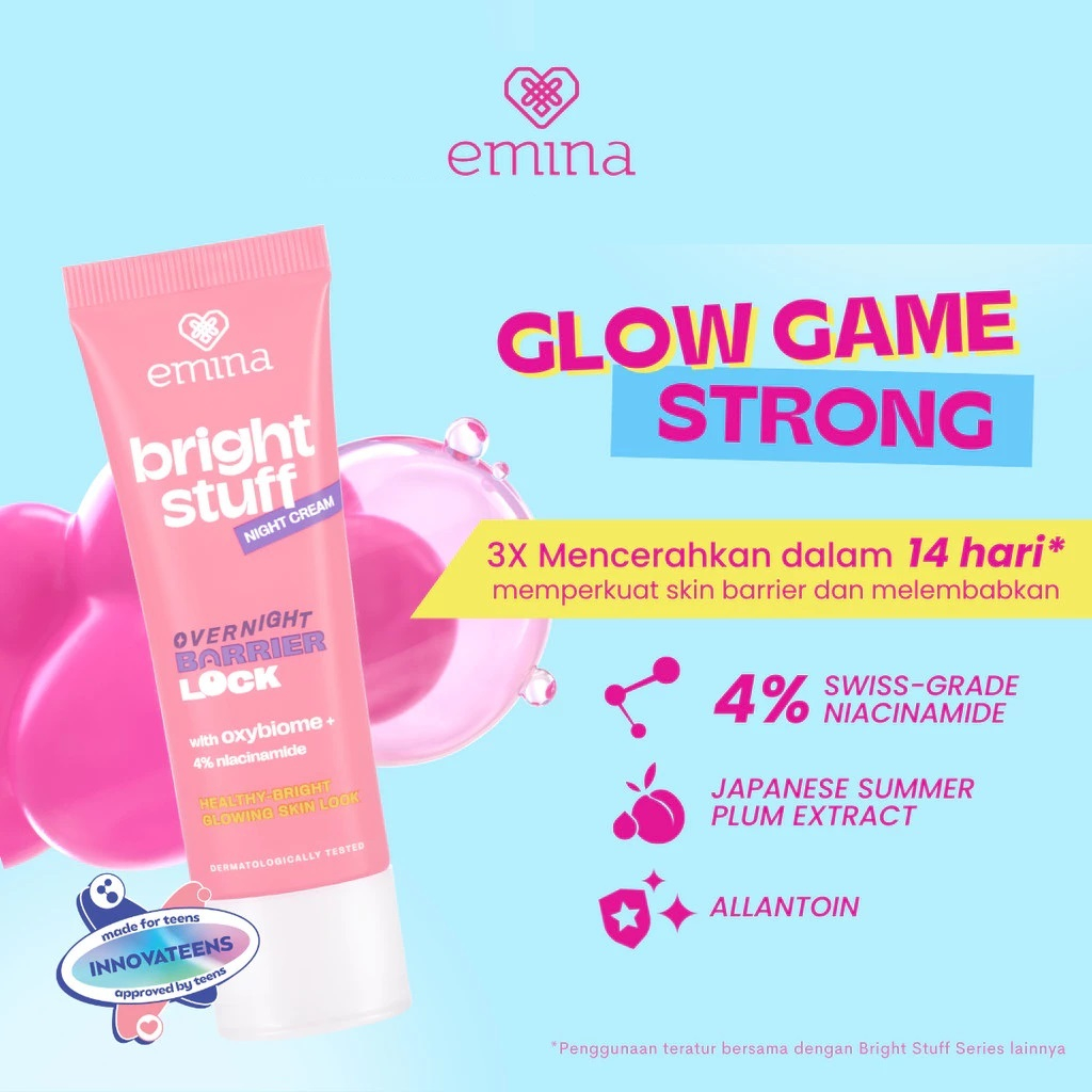 EMINA Bright Stuff Night Cream 20g || Pelembab Wajah || Untuk Kulit Kering Berminyak Berjerawat || K
