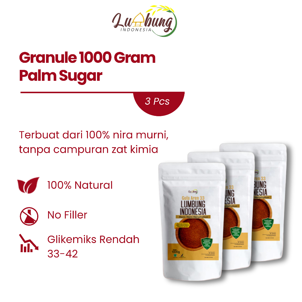 

Gula Aren 33 Lumbung Indonesia Paket Hemat Gula Aren Bubuk Organik 1 Kg , Premium dan Halal - 3 pcs