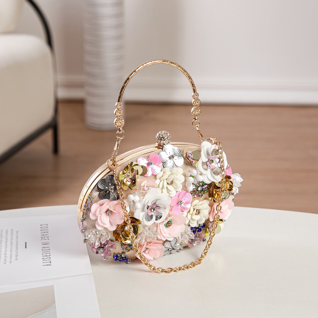 Tas pesta bulat / Handbag mewah elegan / Tas Tangan Wanita Motif Bunga dan Kalung Emas / Tas Tangan 