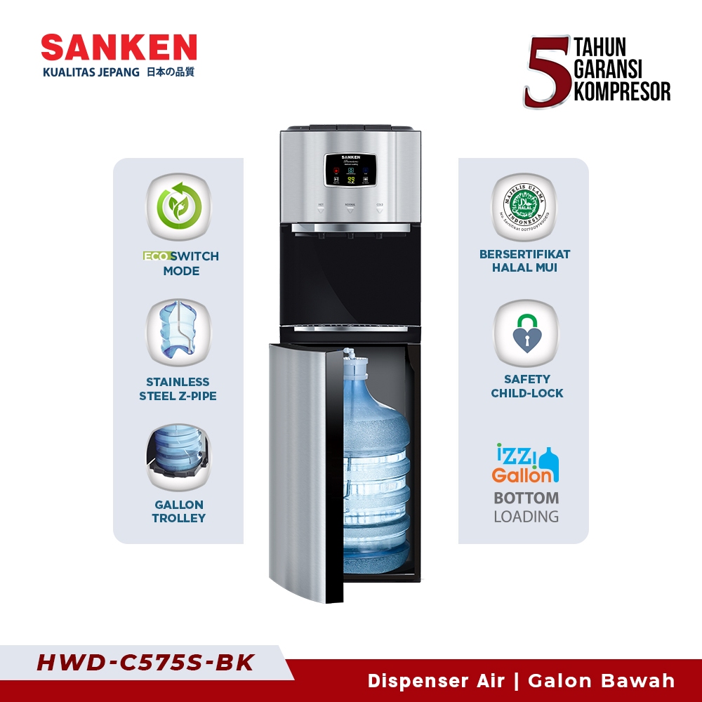 Sanken HWD-C575S-BK Water Dispenser Galon Bawah Silver Kompresor
