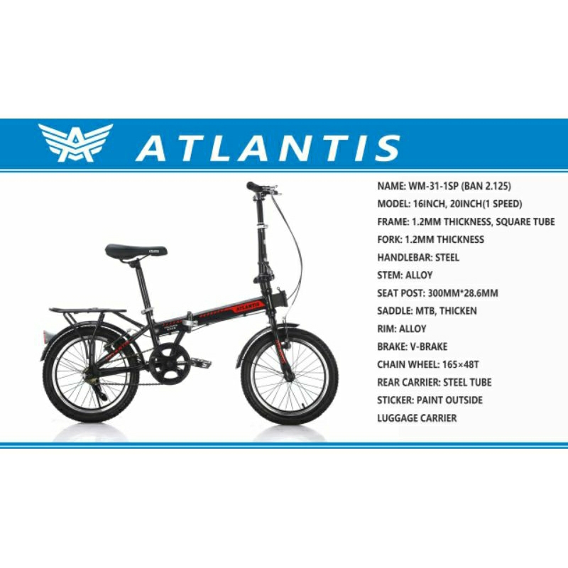 Sepeda Lipat (Folding Bike) 16 inch Merk Atlantis Single Speed