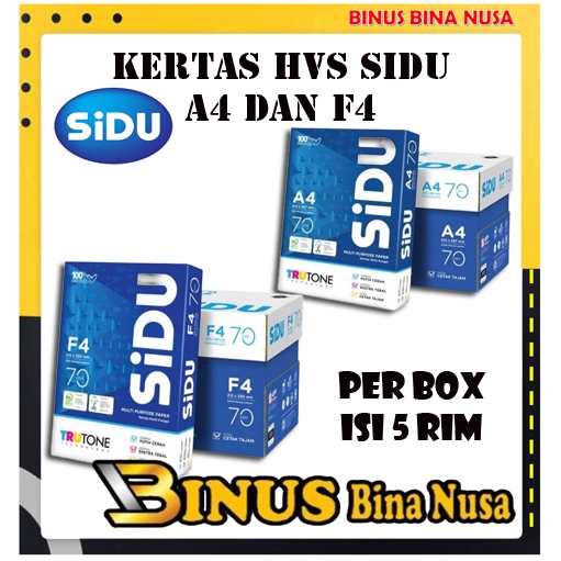 

KERTAS HVS SIDU 75 gsm A4 DAN F4 (PER DUS ISI 5 RIM)