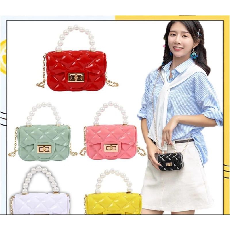 Tas Selempang Jelly 6847 Hand Bag Mini Motif Mutiara Sling Bag Wanita Rantai