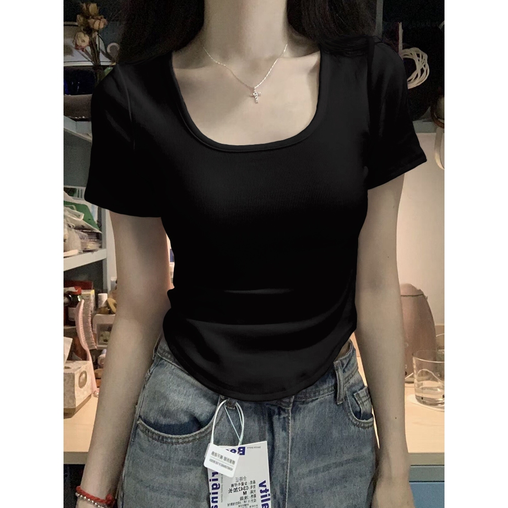 Kaos Polos Kerah Persegi Korea Atasan seksi ketat dan melar  kaos crop putih wanita