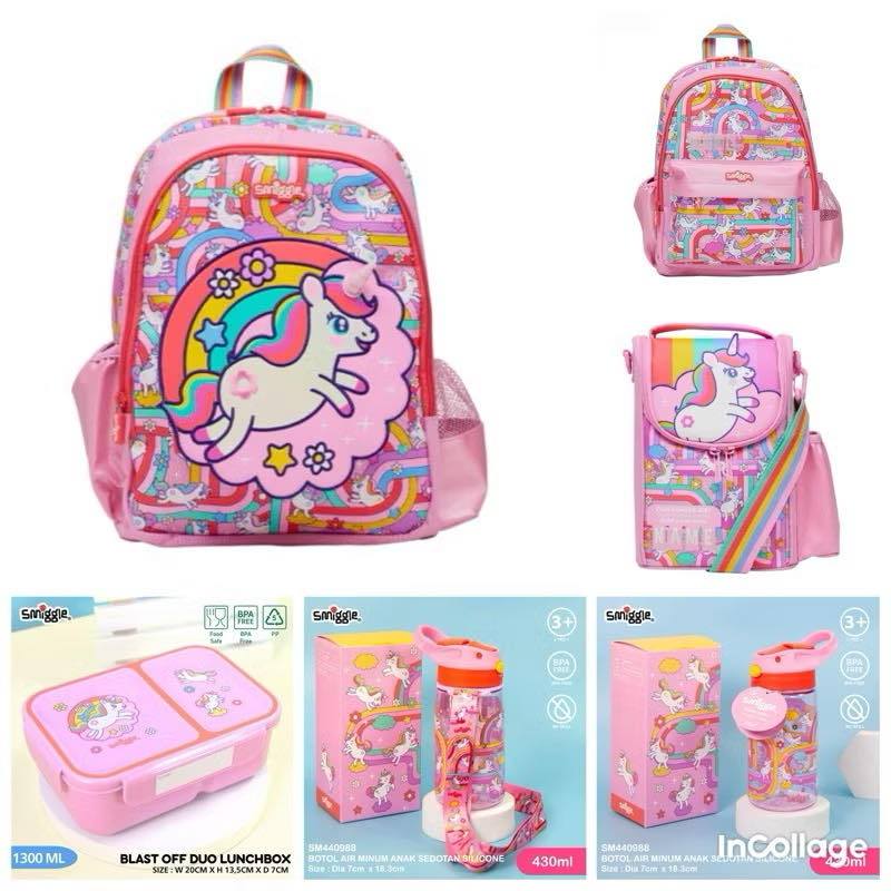 

MM SET Kado SMIGGLE PERALATAN PERLENGKAPAN SEKOLAH ANAK TK EDITION UNICORN / UNICORN SET BOTOL Tali / LUNCHBOX Kotak Makan 2 SEKAT UNICORN / BENTO MEDIUM UNICORN / TAS UNICORN TK GRADE ORI