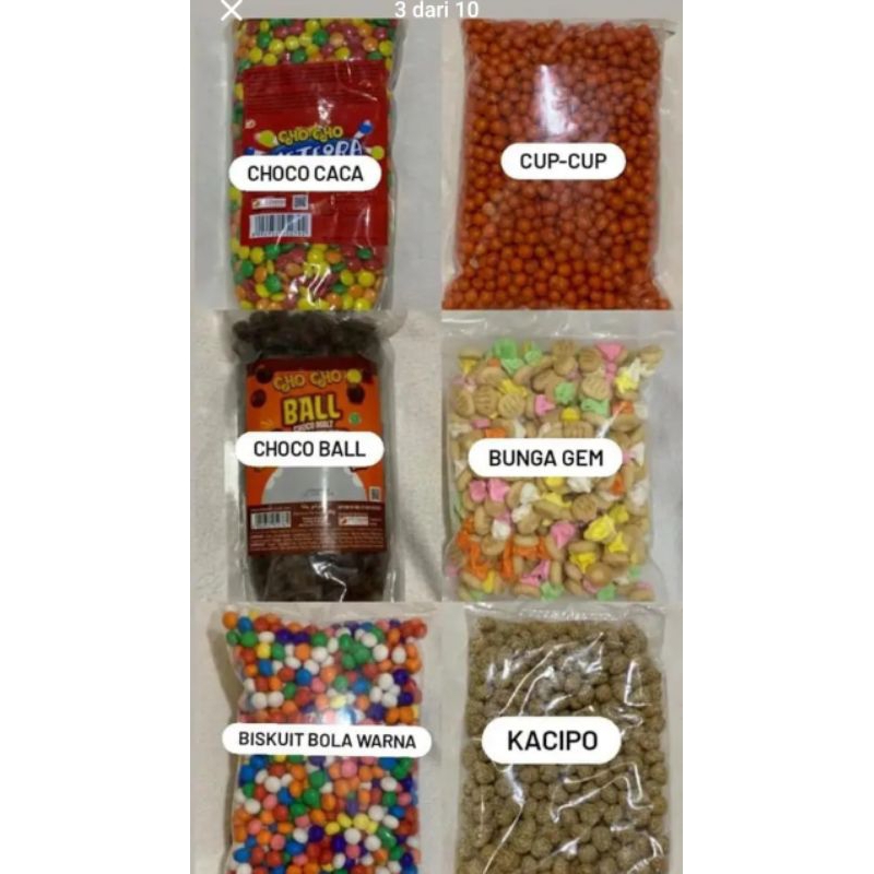 

Anek macan snack; choco-chacha, cup-cup, choco ball, bunga gem, biskuit bola warna, kacipo