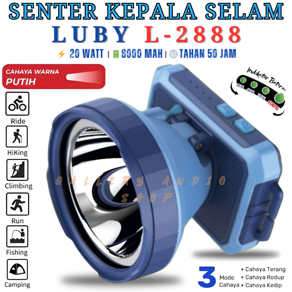 Senter Kepala LUBY L-2888 20 Watt Cahaya Putih | Senter Kepala Super Terang Baterai 8000 mAh Tahan S