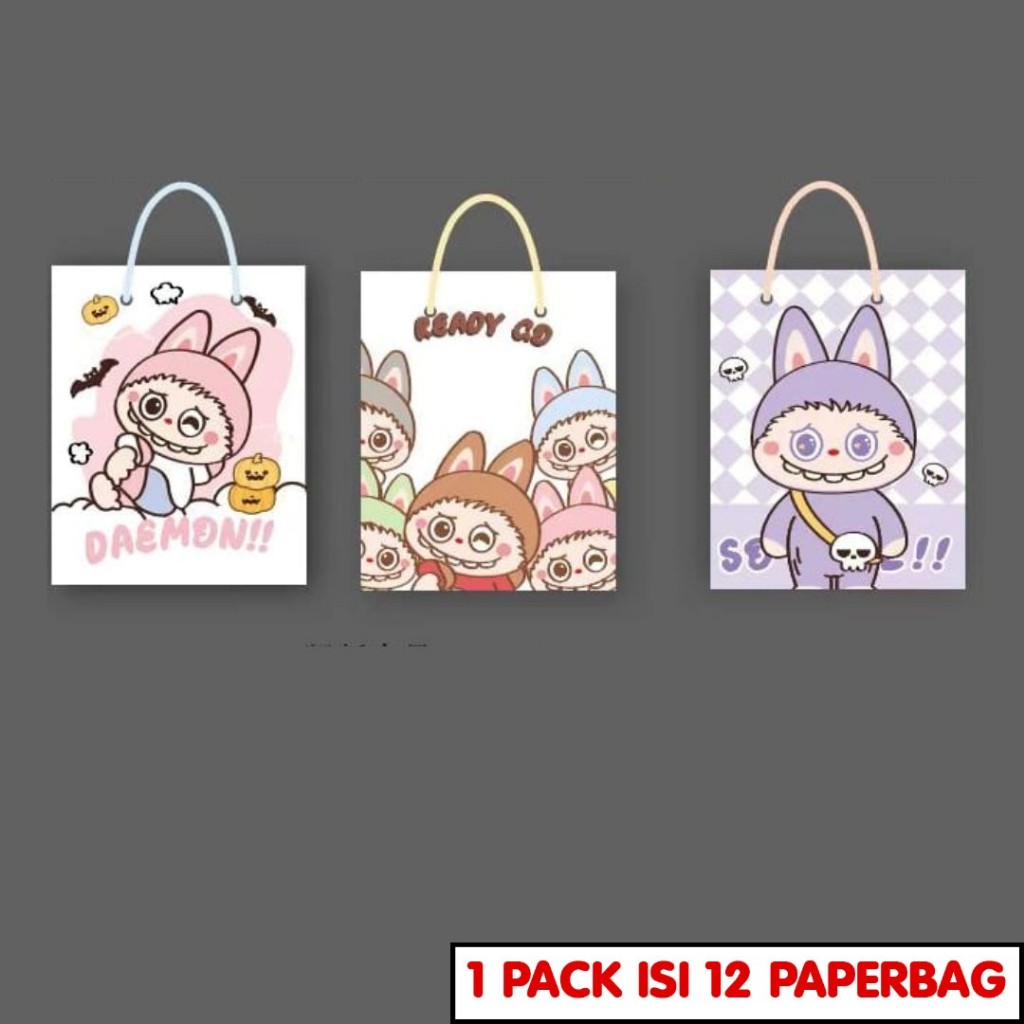 

[ 71101 12 PCS ] Paperbag kertas tutup pita motif LABUBU Ukuran 24.5*19.5*9.5 Tas Kado motif Paperbag Motif Goodie Bag