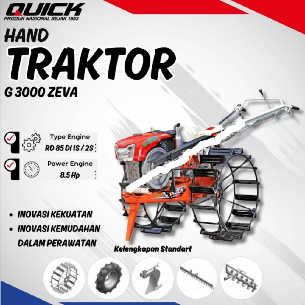 Traktor Quick Zeva G3000 Lengkap Mesin Kubota RD85DI1S - 8.5HP