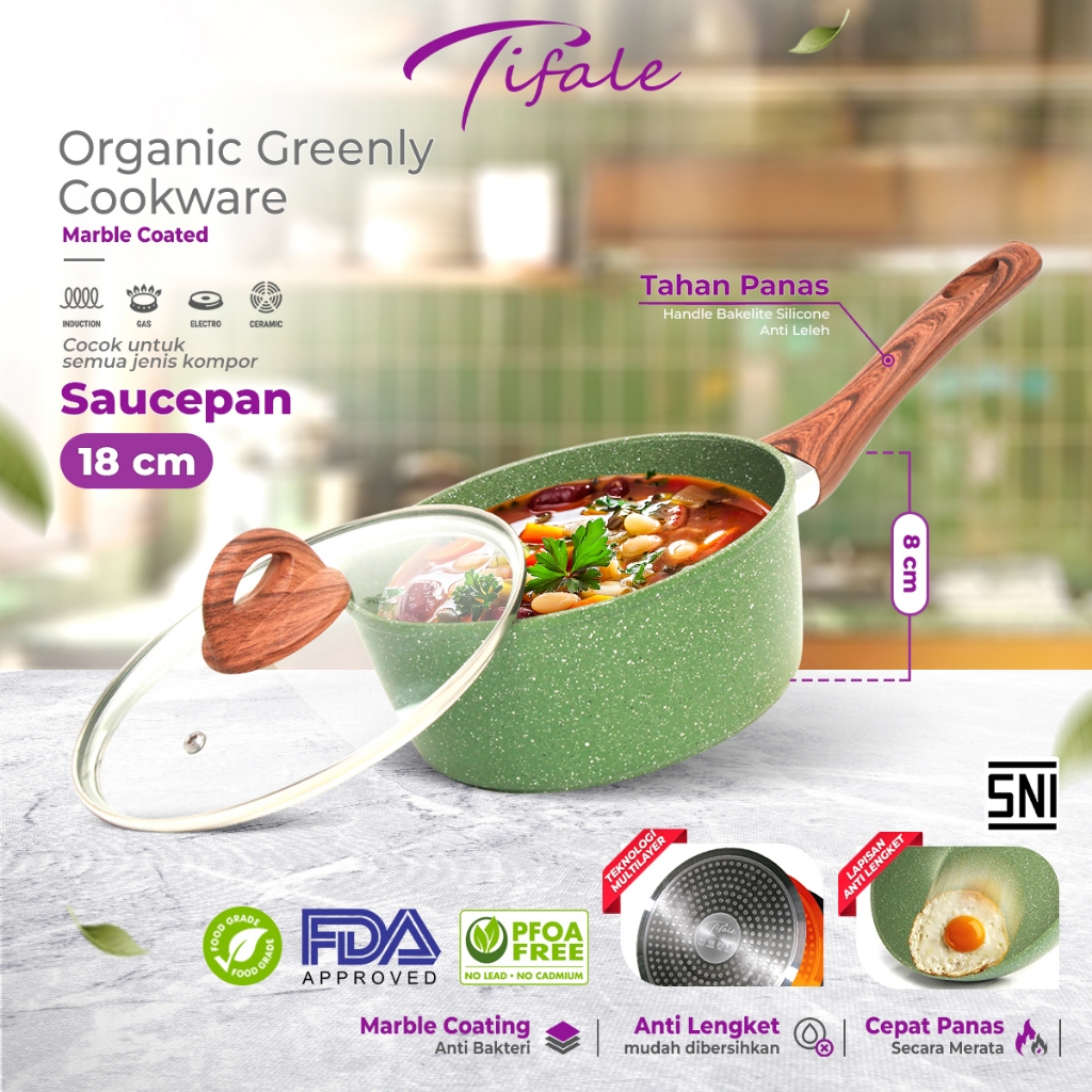 Tifale Organic Greenly Cookware Saucepan Marble Coated Anti lengket Handle Bakelite Silicone Anti Le