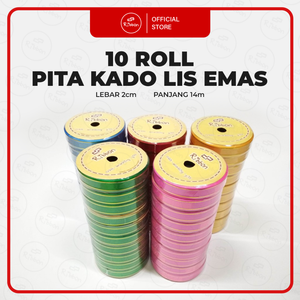 

10 Roll Pita Kado Lis Emas 2cm Jepang 3/4" Plastik 1 Slop RIBBON Gold strip lace ( SLOP )