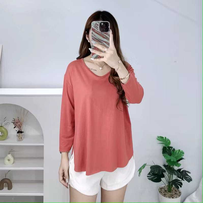 Kaos Oversize Lengan 7/8 | Kaos Jumbo Lengan Panjang | Kaos Oversize Slit | Kaos Wanita Lengan 7/8