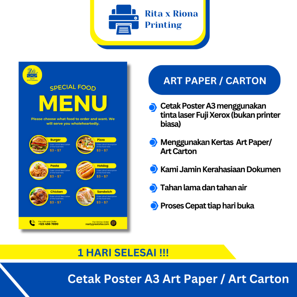 

Print Cetak Poster Pamflet A4 / A3 Art Paper / Art Carton Printer Laser Kualitas Terbaik