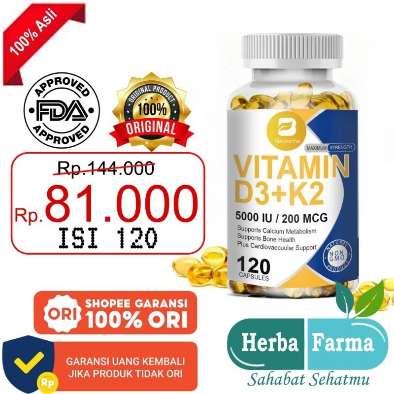 Beworths Organic Vitamin D3K2 Capsules for Boosting Calcium 5000 iu 200 mcg Vitamin D3+K2 D3 Kalsium