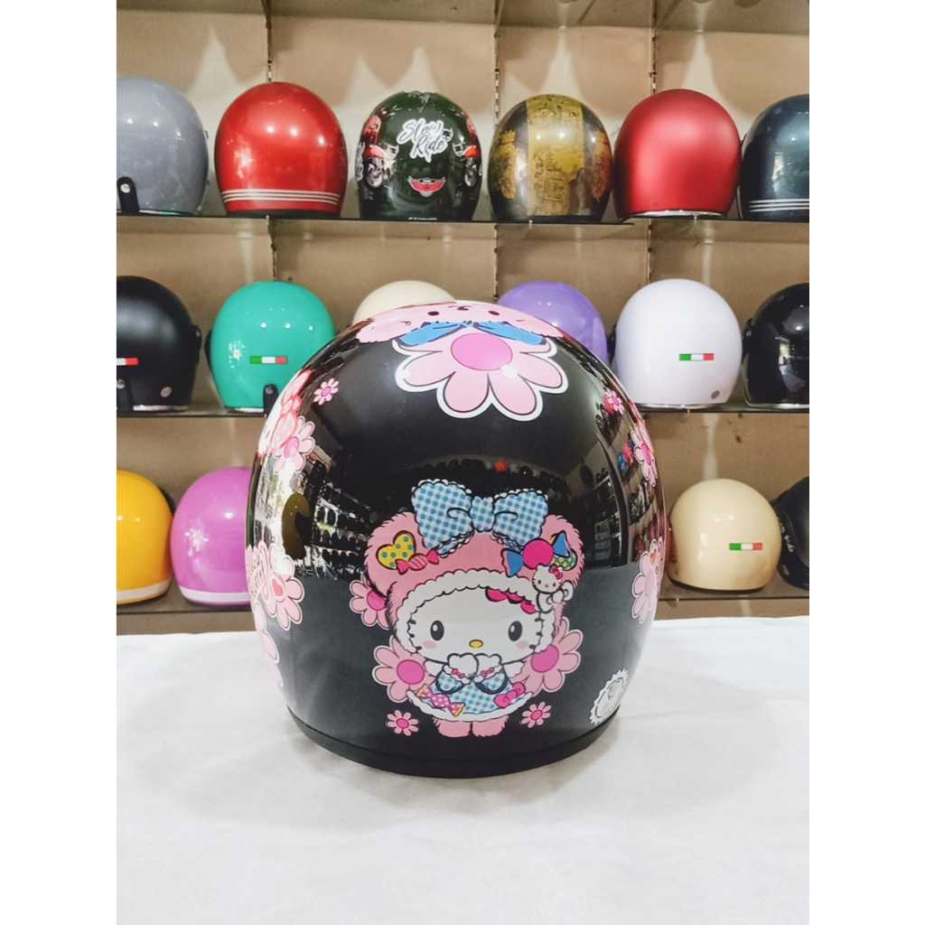 Aizo Helm Bogo Anak Karakter Hello Kitty Hitam Glossy Standar Keamanan SNI COD Packing Kardus+Bubble