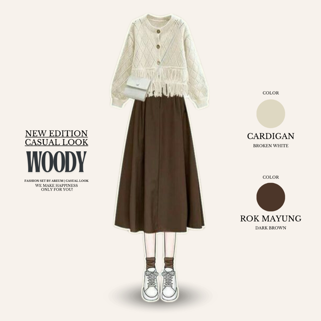 WOODY | One Set Wanita Hijab ( Cardigan Rawis Putih Tulang + Rok Payung ) Outfit Wanita Korean Style