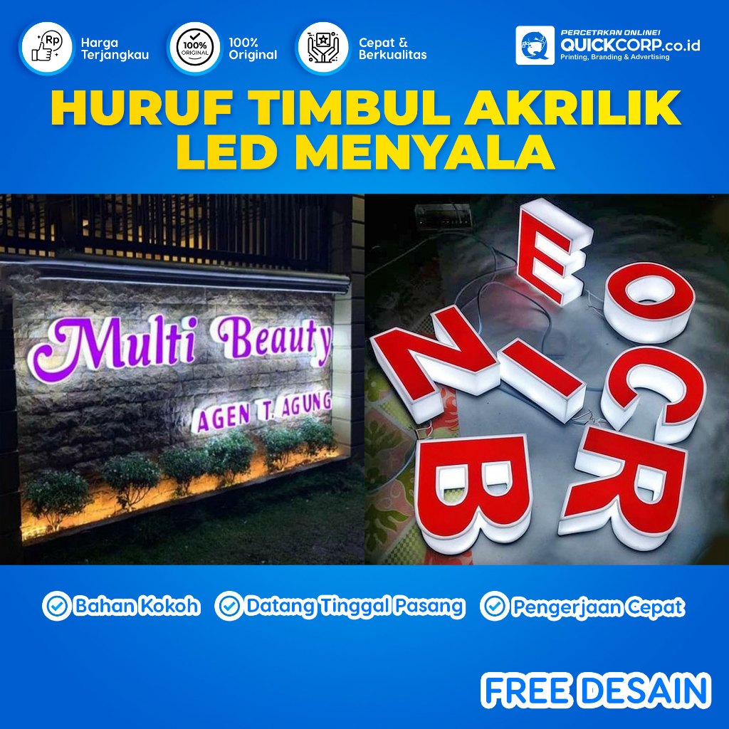 Huruf Timbul Akrilik LED Menyala - Huruf Timbul LED Akrilik Custom - Huruf Akrilik LED untuk Dekoras